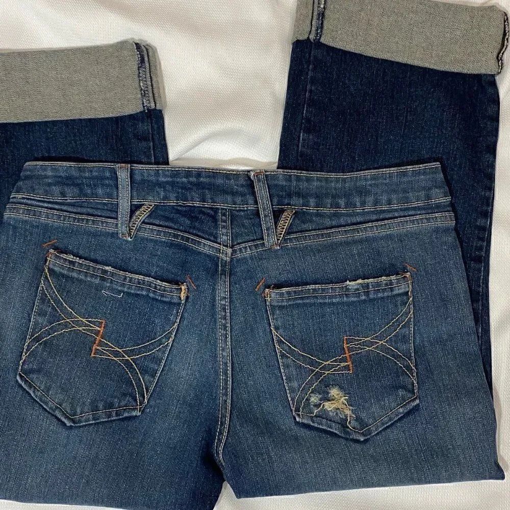 Button Fly Distressed Large Cuff Cropped Jeans - Picture 4 of 7